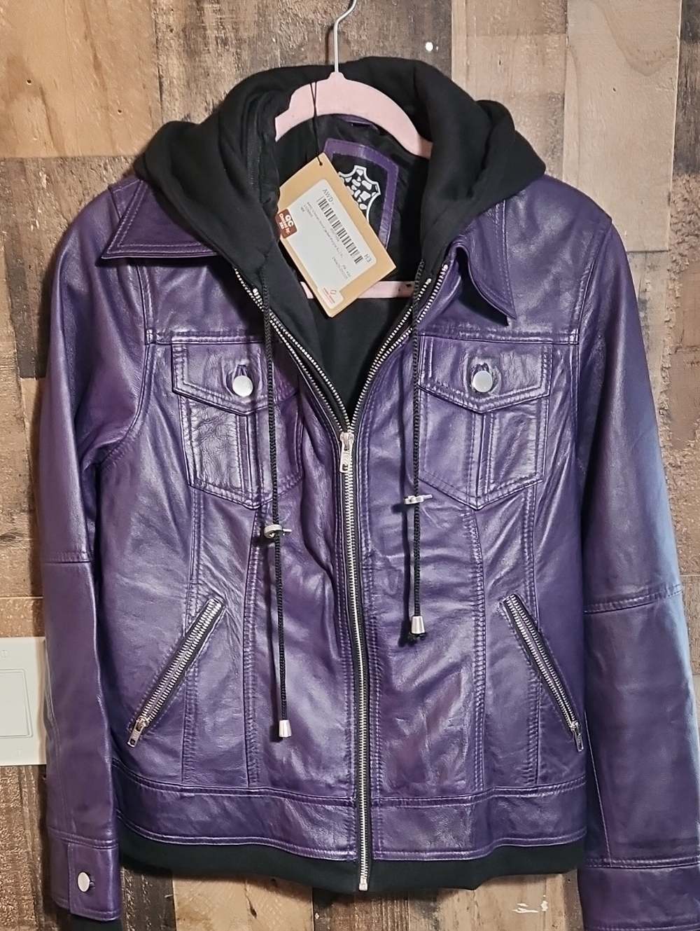Women’s Purple Leather Zip-Front Jacket with Hooded Insert
